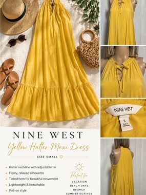 Nine West Yellow Halter Maxi Dress Flowy Boho Sundress Small
